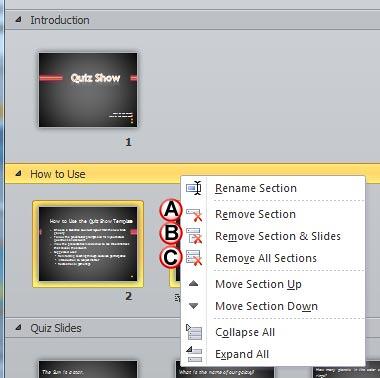 Options to remove the selected Section Options to remove the selected Section