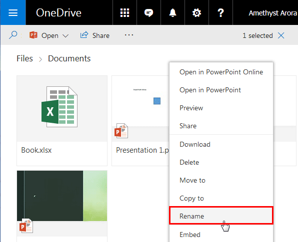 Rename option within the right-click contextual menu Rename option within the right-click contextual menu