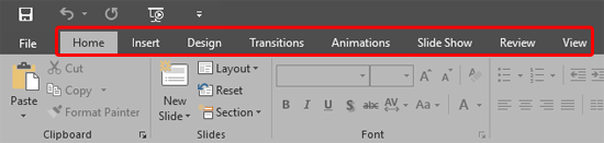 Default Ribbon tabs with PowerPoint 2016 interface