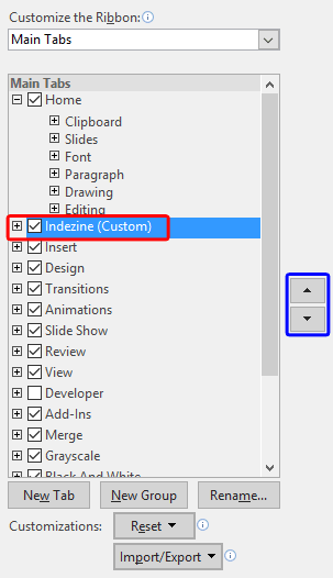 Select and reorder the Ribbon tab