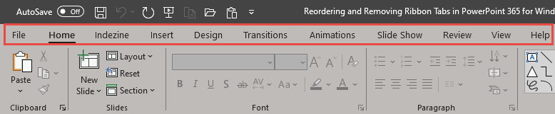 Default Ribbon tabs within PowerPoint 365 interface