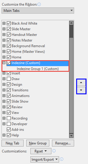 Select and reorder the Ribbon tab