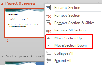 Options to move the selected Section