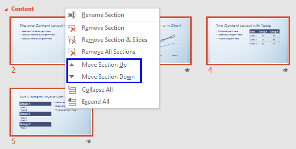 Options to move the selected Section