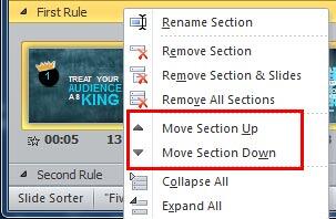 Options to move the selected Section Options to move the selected Section
