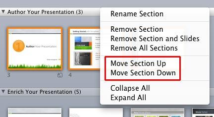 Options to move the selected Section Options to move the selected Section