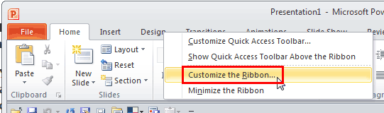 Customize the Ribbon option