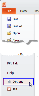Options within File menu