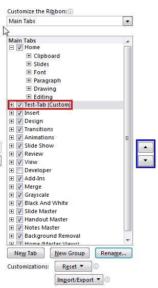 Select and reorder the Ribbon tab