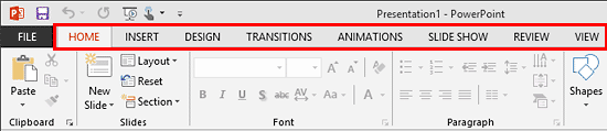 Default Ribbon tabs with PowerPoint 2013 interface Default Ribbon tabs with PowerPoint 2013 interface