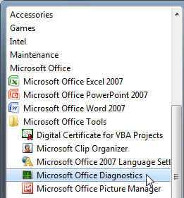 Microsoft Office Diagnostics in start menu Microsoft Office Diagnostics in start menu