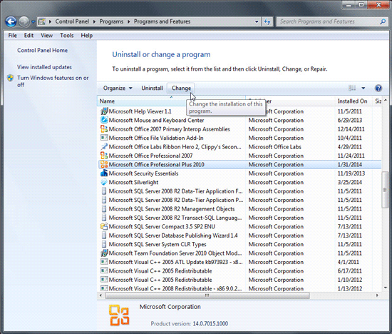 Programs and Features window Programs and Features window