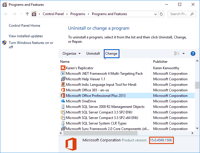 Programs and Features window Programs and Features window