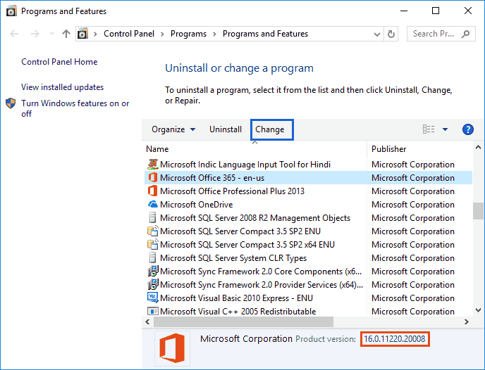 Programs and Features window