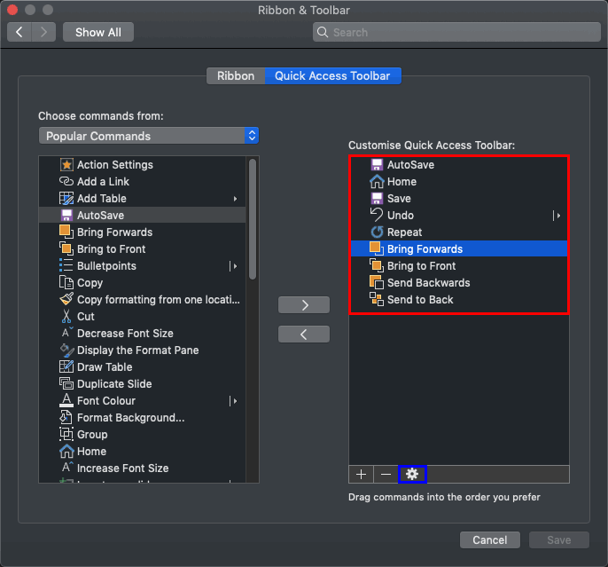 Commands added to Customize Quick Access Toolbar section