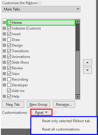 Reset drop-down menu