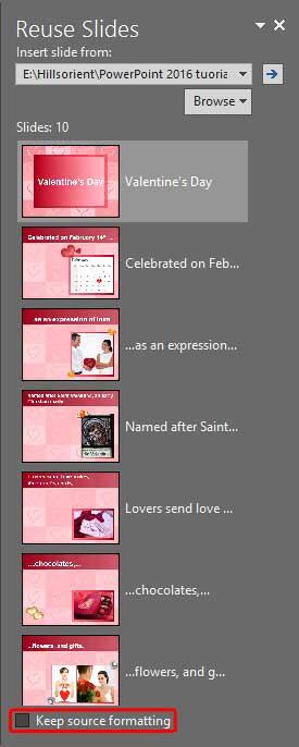 Slides in Reuse Slides Task Pane