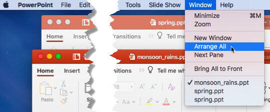 Arrange All option within Window menu Arrange All option within Window menu