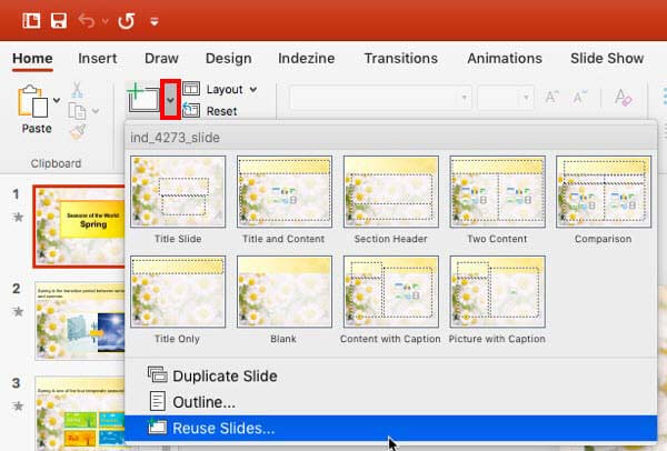 Reuse Slides option Reuse Slides option