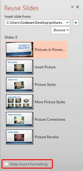 Slides in Reuse Slides Task Pane Slides in Reuse Slides Task Pane