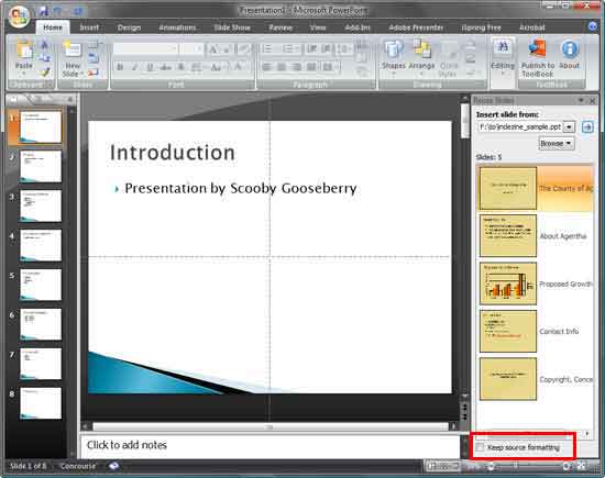 Slides in Reuse Slides task pane