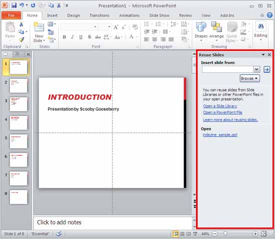 Reuse Slides task pane Reuse Slides task pane