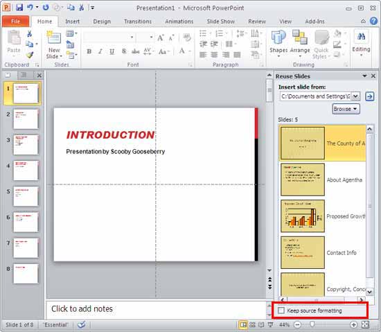 Slides in Reuse Slides task pane Slides in Reuse Slides task pane