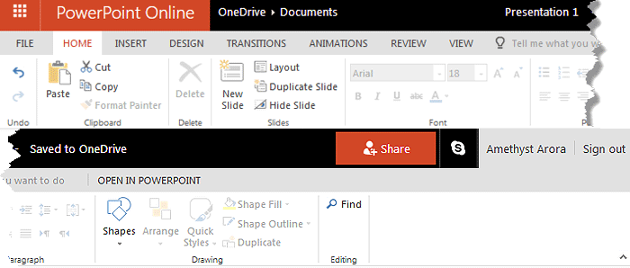 Ribbon and tabs within the PowerPoint Online interface