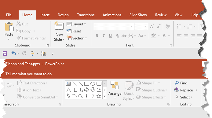 Ribbon and tabs within the PowerPoint 2019 for Windows interface Ribbon and tabs within the PowerPoint 2019 for Windows interface
