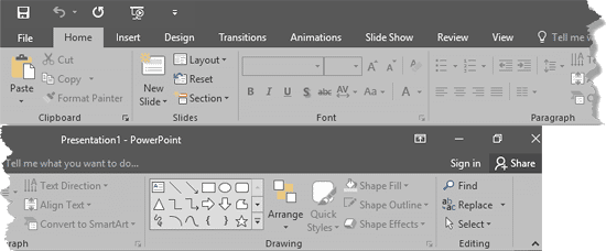 Ribbon and tabs within the PowerPoint 365 for Windows interface
