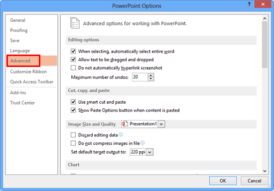 PowerPoint Options Dialog box PowerPoint Options Dialog box