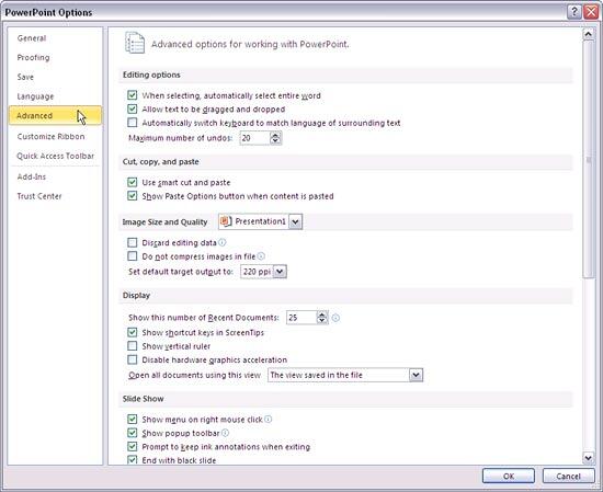 PowerPoint Options Dialog box PowerPoint Options Dialog box