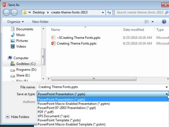 Save As dialog in PowerPoint 2013
