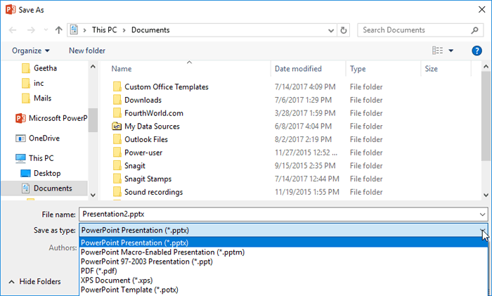 Save As dialog in PowerPoint 2016