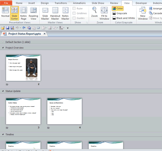 Presentation with sections in Slide Sorter view