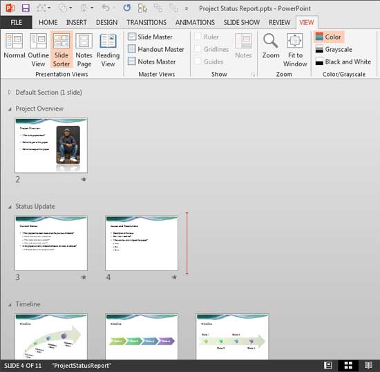 Presentation with sections in Slide Sorter view Presentation with sections in Slide Sorter view