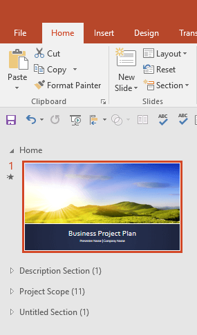 Presentation with sections in Slide pane within Normal view