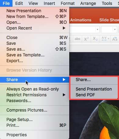 Share options in File menu