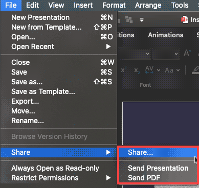 Share options in File menu