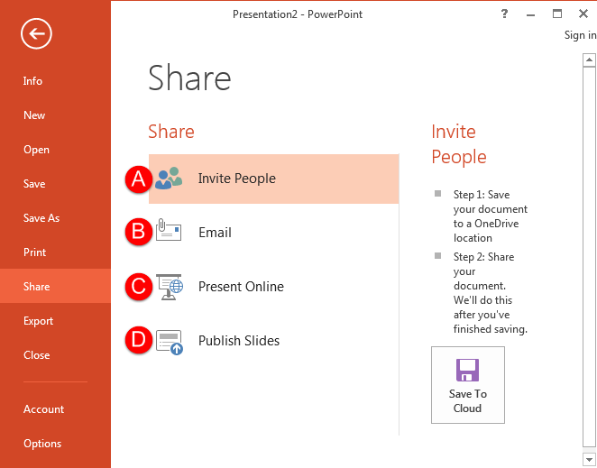 Share options within Backstage view