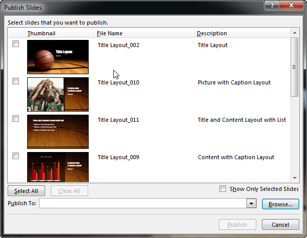 Publish Slides dialog box
