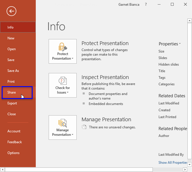 Share options within Backstage view