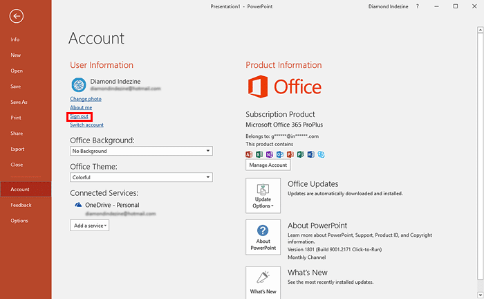 Account options within the Backstage view