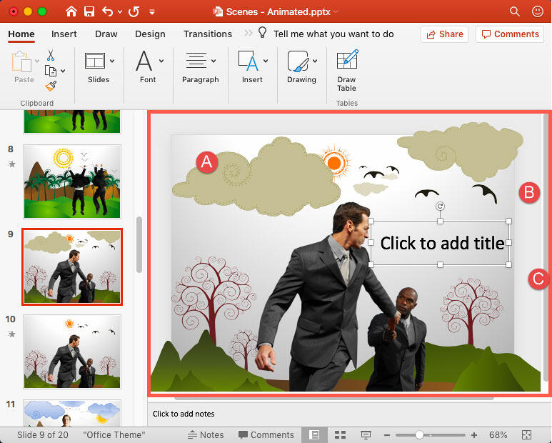 Slide area within PowerPoint 365 for Mac interface Slide area within PowerPoint 365 for Mac interface