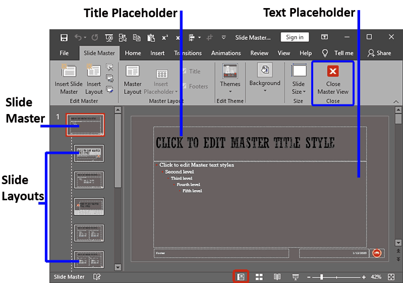 Slide Master view in PowerPoint 2019