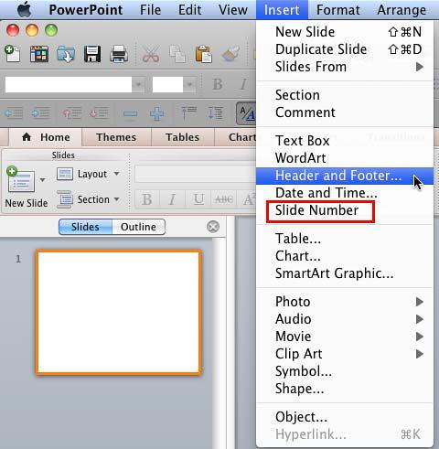 Select the Header and Footer or Slide Number option within the Insert menu