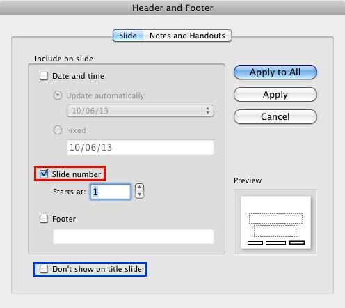 Slide number check-box selected