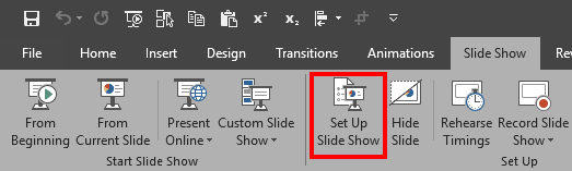 Set Up Slide Show button within Set Up group Set Up Slide Show button within Set Up group