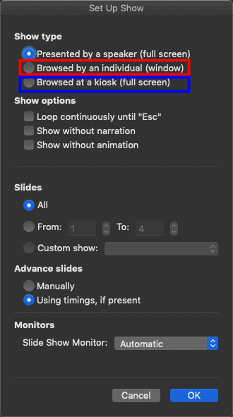 Set Up Show dialog box Set Up Show dialog box