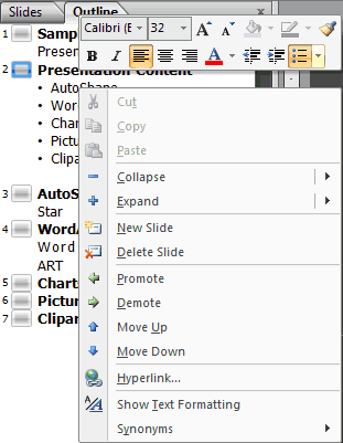 Outline tab edit options